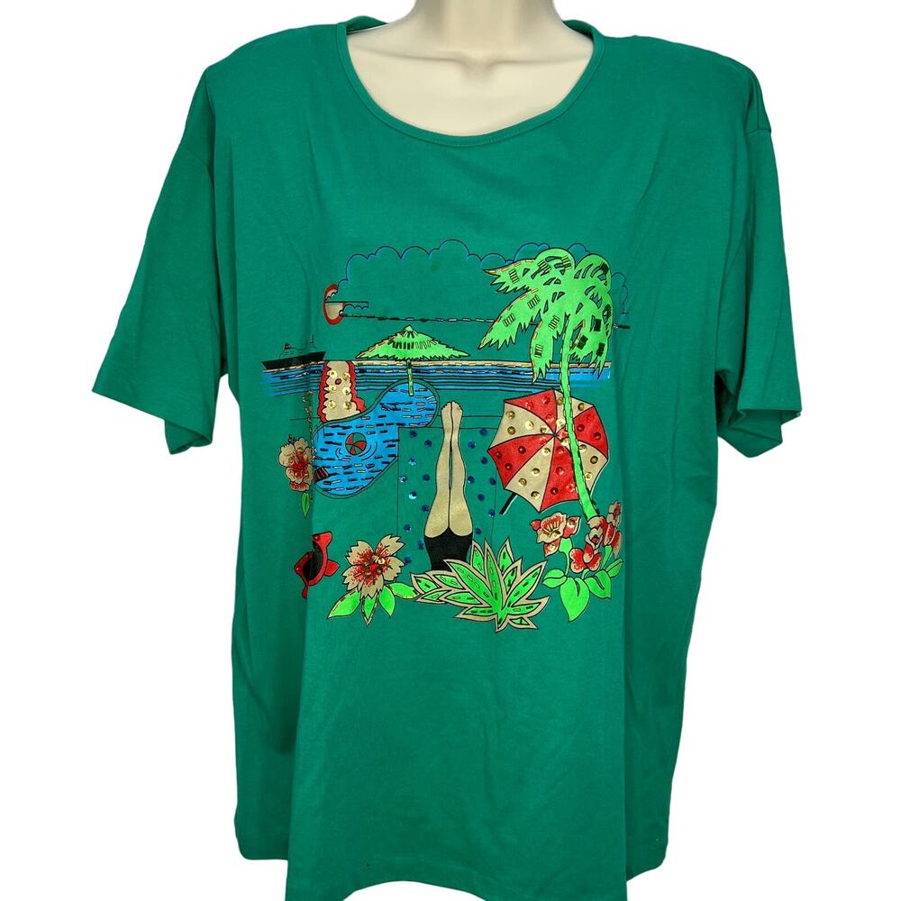 Vintage Kris Michele T-Shirt Beach Sequin Beaded One Size/Large Pool Martini